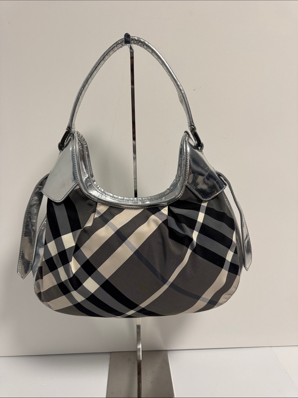 Burberry Beat Check Nylon Brooklyn Hobo Bag Metallic